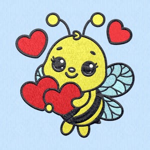 Könnte beinhalten: Eine Cartoon-Biene mit gelben und schwarzen Streifen hält zwei rote Herzen. Die Biene hat große Augen und ein Lächeln. Im Hintergrund befinden sich drei rote Herzen.