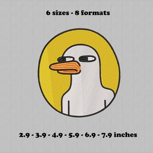 Peut inclure: Écusson brodé avec un canard de dessin animé, corps blanc, bec orange et yeux noirs, dans un cercle jaune. Le texte en haut indique "6 tailles - 8 formats". Les tailles varient de 7,3 cm à 20,1 cm, comme indiqué en bas.