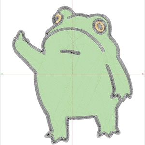 May include: A light green frog design with black outlines and tan accents. The frog is in a cartoon style, with one arm raised. The image is labeled "Design Worksheet" and "Hatch Embroidery 3 - Digitizer".