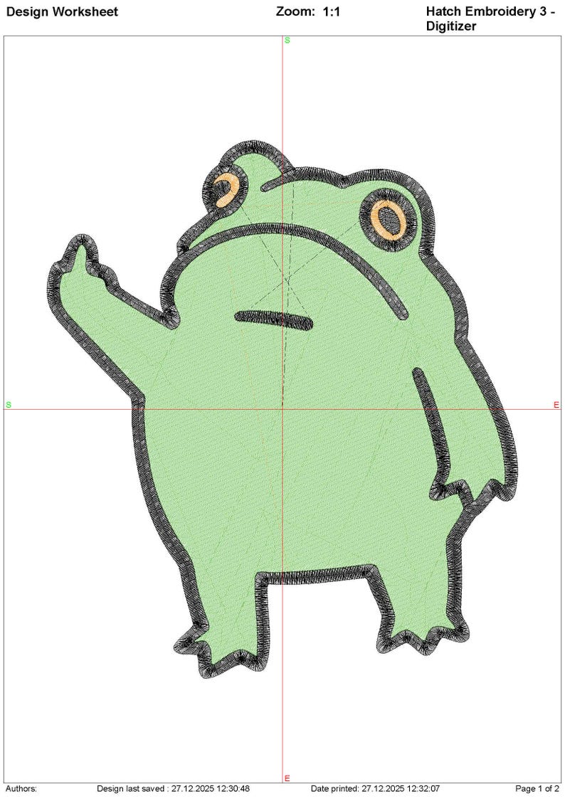 May include: A light green frog design with black outlines and tan accents. The frog is in a cartoon style, with one arm raised. The image is labeled "Design Worksheet" and "Hatch Embroidery 3 - Digitizer".