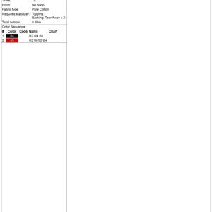 May include: A white digital embroidery design worksheet titled Design:impossible.EMB. It lists technical specifications including a height of 85.0 mm, width of 200.3 mm, 3,928 stitches, 2 colors, 1 color change, 15 trims, and a color sequence table.