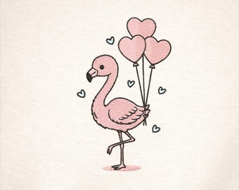 Flamingo Embroidery Design, Kawaii Heart Balloons (Digital Download