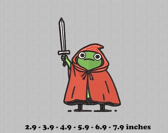 Funny Knight Frog Embroidery Design, Funny Sword Frog Patch, Fantasy Cartoon Character Stitch Pattern for Shirts Hats Bags