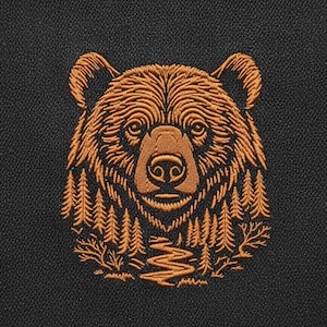 May include: Embroidered bear head design in brown thread on a black background. The bear's face is detailed with fur and a forest scene incorporated into the design. The image is a close-up of the embroidery.