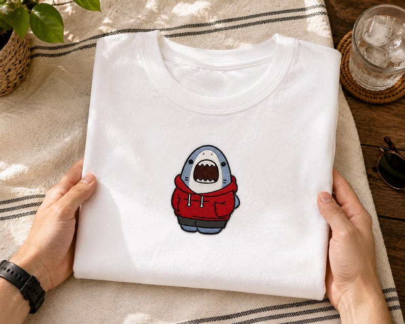 Disegno di ricamo di uno squalo con cappuccio – Motivo animale da streetwear (file digitale) immagine 2