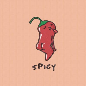 May include: A cartoon illustration of a red chilli pepper with a green stem and the word "SPICY" in brown text. The chilli pepper has a human-like form with a face and a rounded bottom, set against a peach-coloured background.