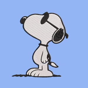 May include: Embroidered patch featuring Snoopy wearing sunglasses, in a side profile. The patch is white with black accents, including the sunglasses, ears, and nose. The background is a solid light blue.