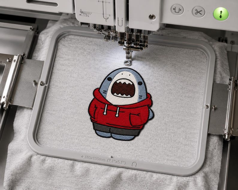 Pu&ograve; includere: Un telaio per macchina da ricamo che tiene un tessuto grigio chiaro con il disegno ricamato di uno squalo cartoon che indossa una felpa rossa con cappuccio e pantaloncini scuri. Il telaio riporta le dimensioni di 180x130mm e 7.1x5.1 pollici.