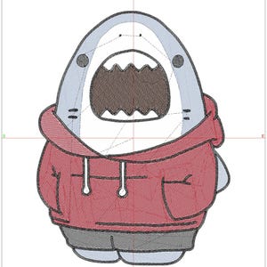 Pu&ograve; includere: Un foglio di lavoro per ricamo Hatch Embroidery 3 Digitizer raffigurante uno squalo azzurro che indossa una felpa rossa con cappuccio e pantaloncini grigio scuro. Lo squalo ha una bocca spalancata con denti visibili e occhi scuri e rotondi.