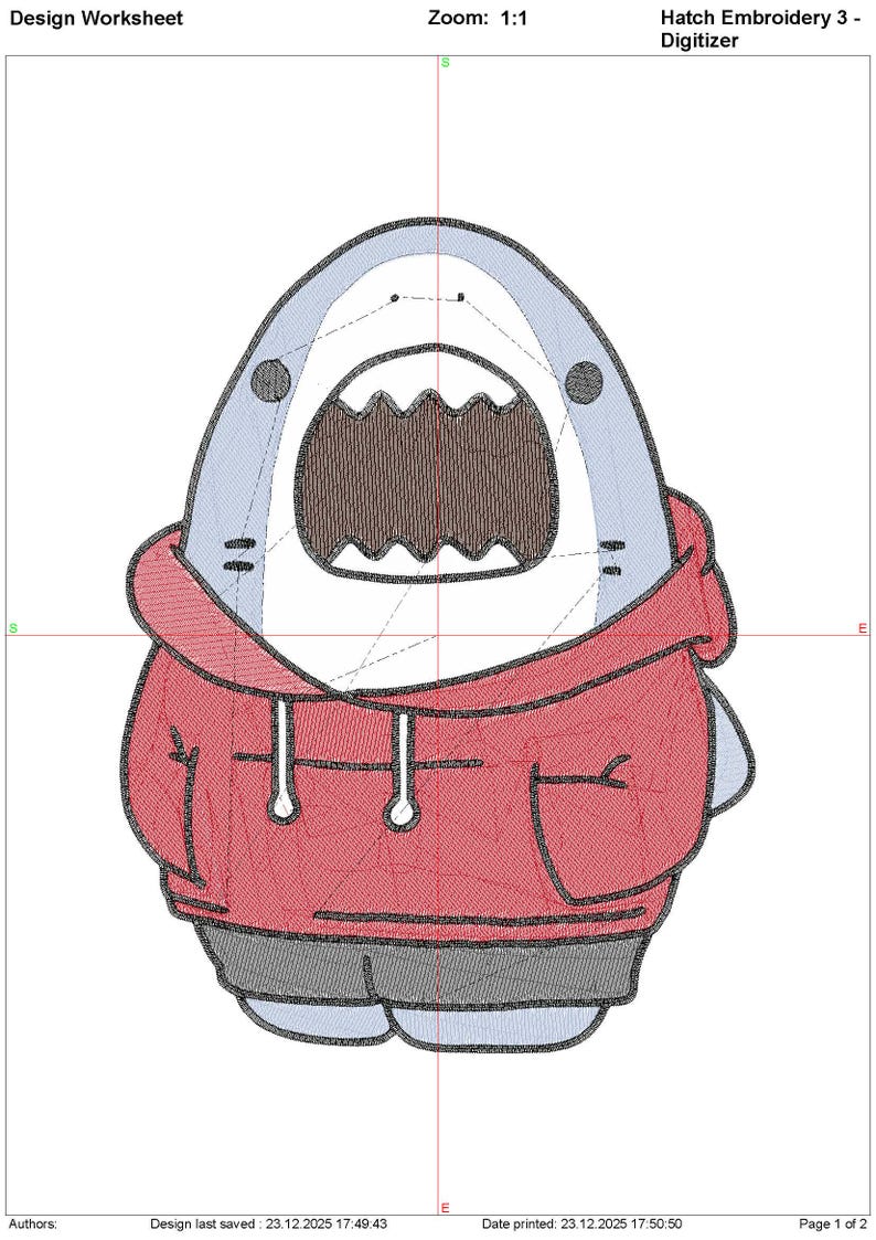 Pu&ograve; includere: Un foglio di lavoro per ricamo Hatch Embroidery 3 Digitizer raffigurante uno squalo azzurro che indossa una felpa rossa con cappuccio e pantaloncini grigio scuro. Lo squalo ha una bocca spalancata con denti visibili e occhi scuri e rotondi.