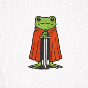 May include: Embroidered patch featuring a green frog wearing a red cape and holding a sword. The frog has large black eyes and is standing on a dark gray surface. The background is white.