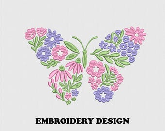 Floral Butterfly Embroidery Design, Nature Inspired Botanical Illustration with Soft Spring Flowers