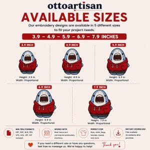 Pu&ograve; includere: Un grafico di ricamo con uno squalo cartoon che indossa una felpa rossa. Il testo recita ottoartisan AVAILABLE SIZES. Sono elencate cinque dimensioni: 9,9, 12,4, 15,0, 17,5 e 20,1 cm. I formati includono DST, EXP, HUS, PES, VP3, XXX, JEF e VIP.
