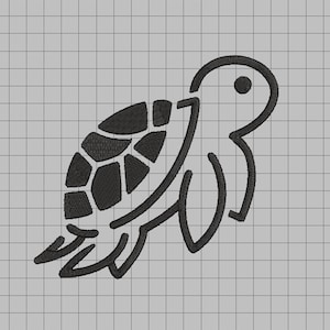 May include: Black embroidered sea turtle design. The turtle's shell is segmented, and the head and flippers are outlined with a simple, clean stitch. The design is on a light gray grid background, suitable for embroidery projects.