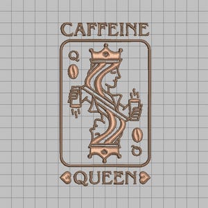 Może przedstawiać: Brązowy haft przedstawiający królową trzymającą filiżanki i ziarna kawy. Tekst "CAFFEINE QUEEN" znajduje się u góry i u dołu projektu. Projekt ma kształt karty do gry.