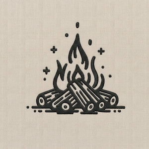 May include: Black embroidered campfire design featuring flames and logs. The design includes cross-shaped accents and small dots, set against a neutral fabric background. Ideal for camping or outdoor-themed products.