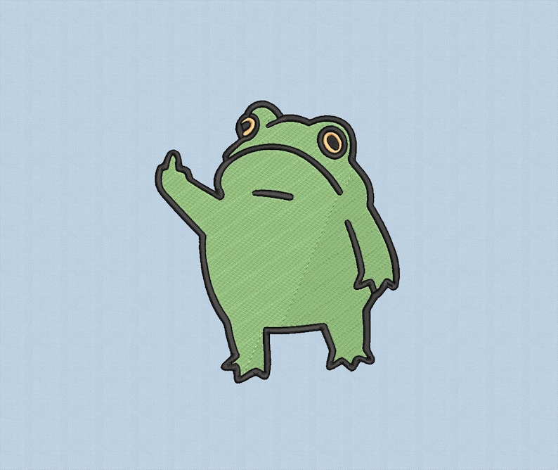 May include: A green frog cartoon with black outlines and orange eyes, giving the middle finger. The frog is embroidered on a light blue background. The frog is standing and has a grumpy expression.