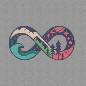 May include: An infinity symbol design with a landscape and space theme. The design includes a teal wave, green trees, a mountain, a red planet, and stars. The symbol is outlined in navy blue against a grey background.