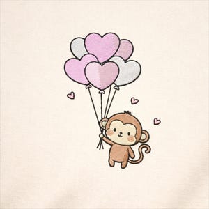 May include: An embroidered design featuring a cartoon monkey holding a bunch of heart-shaped balloons in shades of pink and white. Small pink hearts float around the monkey. The monkey is brown with a cute expression.