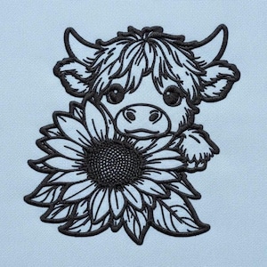 Borduurontwerp Highland Cow zonnebloem: boerderijdierpatroon (digitale download)