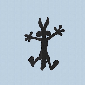 Puede incluir: Silueta negra de un coyote de dibujos animados con los brazos extendidos y las piernas dobladas en posición de carrera. El coyote tiene orejas grandes y una cola esponjosa. El fondo es azul claro.