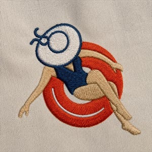May include: An embroidered patch on a light beige fabric featuring a figure wearing a dark blue swimsuit and a white sun hat with a dark blue trim. The figure is lounging inside a bright orange circular pool float with a white curved accent line.