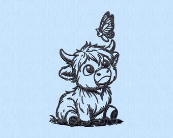 Highland Cow Embroidery Design, Butterfly Applique (Digital File