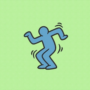 Könnte beinhalten: Eine blaue Tanzfigur mit schwarzen Umrissen auf hellgrünem Hintergrund. Die Figur ist in Bewegung, mit gebogenen Armen und Beinen und geschwungenen Linien, die Bewegung anzeigen. Das Design ist einfach und grafisch.