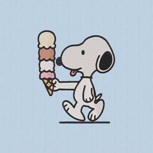 May include: An embroidered image of Snoopy, a white cartoon dog, walking and holding a tall ice cream cone with four scoops. The ice cream flavors are beige, brown, white, and pink. The background is a light blue.