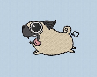 Funny Farting Pug Embroidery Design – Running Dog Meme (Digital File)