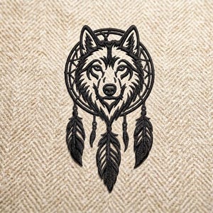 Diseño de bordado de atrapasueños de lobo: Animal espiritual bohemio tribal (archivo digital)