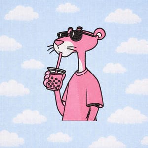 Pink Cartoon Cat Embroidery Design – Bubble Tea, Retro Stitch (Digital File)