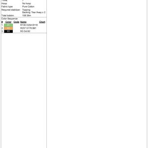 May include: A design worksheet for an embroidery project, labeled "Design:funny kurbaga.EMB." The design is 200.4 mm high and 175.1 mm wide, with 37,984 stitches and 3 colors. The fabric type is pure cotton.