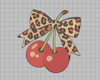 Leopard Bow Cherry Embroidery Design: Machine Embroidery File (3 Sizes, 8 Formats)