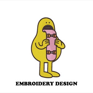 May include: Yellow cartoon character with a wide open mouth holding a pink skateboard. The character has a simple design with black outlines and is standing on two yellow feet. The text "EMBROIDERY DESIGN" is below the character.