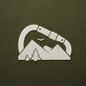 May include: White embroidered patch featuring a carabiner shape with a mountain range, a bird, and two trees. The patch is on a dark olive green background. The design is for outdoor enthusiasts.