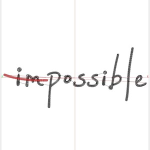 May include: A digital embroidery design worksheet titled Design Worksheet and Hatch Embroidery 3 - Digitizer. The document displays the word impossible in a dark gray, cursive script font with a red line striking through the letters im.