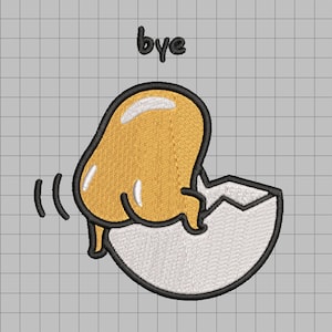 May include: Embroidered design of a cartoon egg yolk waving goodbye, emerging from a cracked eggshell. The word "bye" is above the egg. The design is on a gray grid background.
