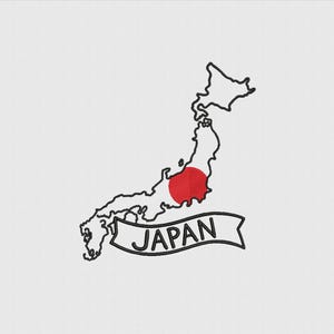 May include: Embroidered outline of the Japanese islands with a red circle representing the flag's sun. The word "JAPAN" is embroidered on a banner below the map, all in black thread on a white background.