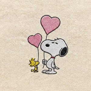 Broderidesign för tecknad hund och fågel med alla hjärtans dag-motiv (digital fil)