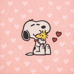 Broderidesign med tecknad hund och fågelkram – Alla hjärtans dag-broderi med kärlekslapp (digital nedladdning)