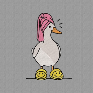 May include: A cartoon duck wearing a pink towel on its head and yellow smiley face slippers. The duck has an orange beak and is smiling. The background is a solid gray color.