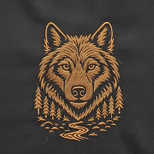May include: Embroidered design of a wolf's head in shades of gold and brown. The wolf is surrounded by a forest scene with trees and a river. The design is on a dark gray fabric.