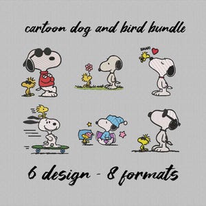 May include: An image featuring six embroidered designs of a cartoon dog and bird. The dog is white with black ears and sunglasses. The bird is yellow. The designs include the dog wearing a red sweater, on a skateboard, and wearing a blue hat.
