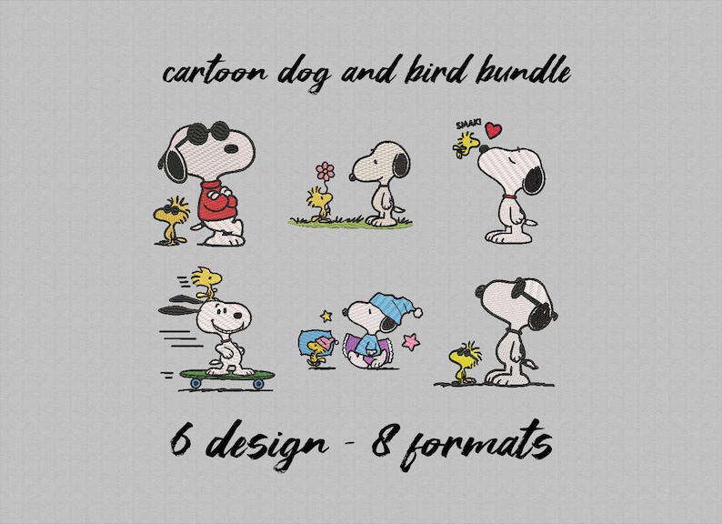 May include: An image featuring six embroidered designs of a cartoon dog and bird. The dog is white with black ears and sunglasses. The bird is yellow. The designs include the dog wearing a red sweater, on a skateboard, and wearing a blue hat.
