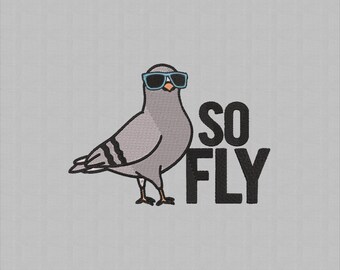 So Fly Pigeon Embroidery Design, Funny Cool Bird With Sunglasses Patch, Urban Street Style Animal Stitch for Shirts Hats Bags