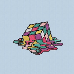 May include: An embroidered design of a melting Rubik's Cube. The cube is rendered in a variety of colors, including red, yellow, green, purple, and white. The melting effect is depicted with colorful drips, set against a light blue background.