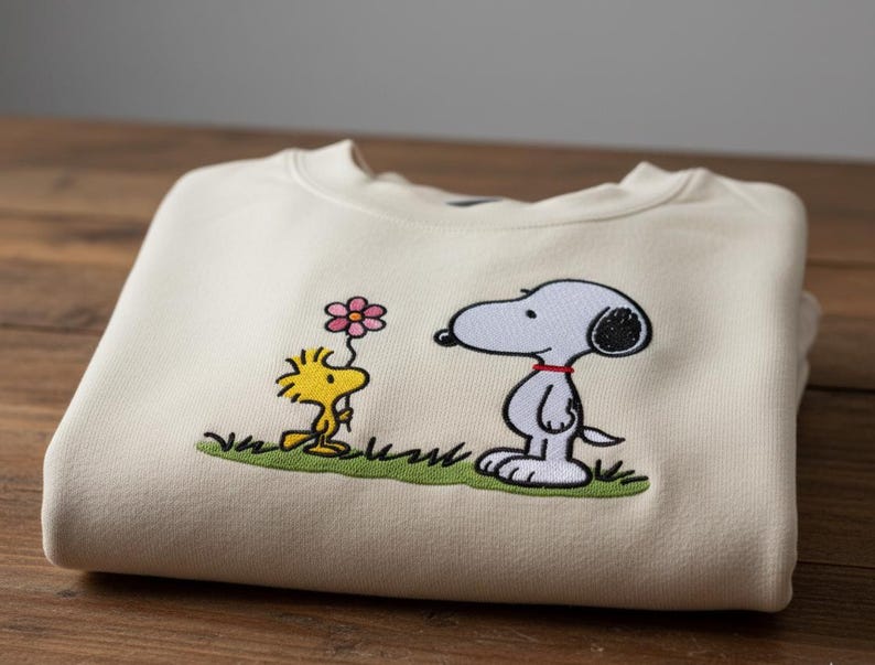 May include: Cream-colored sweatshirt featuring an embroidered design of Snoopy and Woodstock. Snoopy is depicted in black, white, and red, while Woodstock is yellow. The design includes a pink flower and green grass.