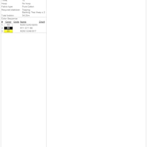 May include: A design worksheet for a 5.5 inch embroidery design. The design uses three colors: R253 G253 B253, R11 G11 B9, and R250 G249 B17. The design is 123.0 mm high and 139.9 mm wide. It requires 19,027 stitches and 15 trims. The fabric type is pure cotton and the required stabilizer is topping and tear away.