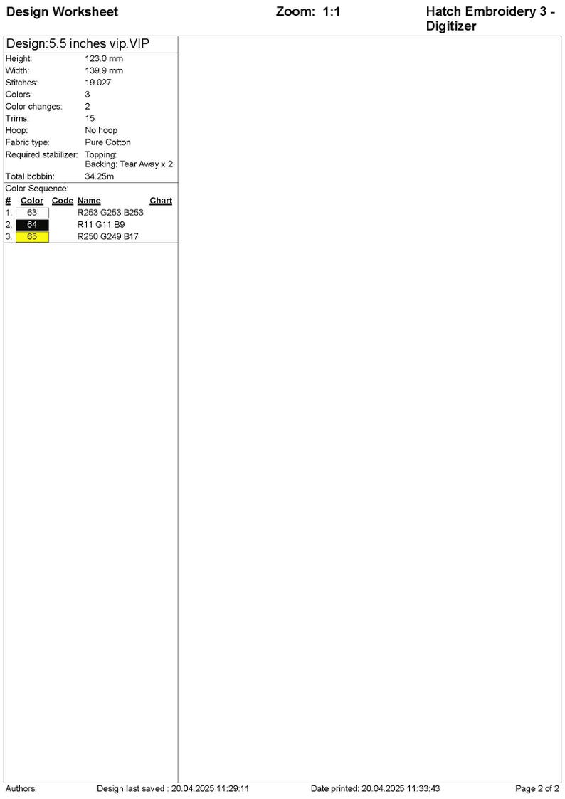 May include: A design worksheet for a 5.5 inch embroidery design. The design uses three colors: R253 G253 B253, R11 G11 B9, and R250 G249 B17. The design is 123.0 mm high and 139.9 mm wide. It requires 19,027 stitches and 15 trims. The fabric type is pure cotton and the required stabilizer is topping and tear away.